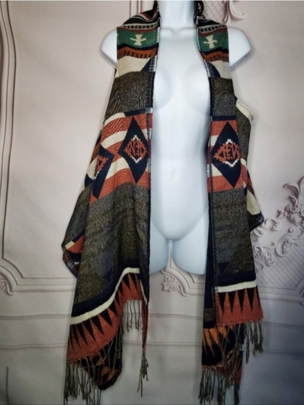 Boho Aztec Fringe Open-Front Vest - Multicolor - Picture 6 of 8